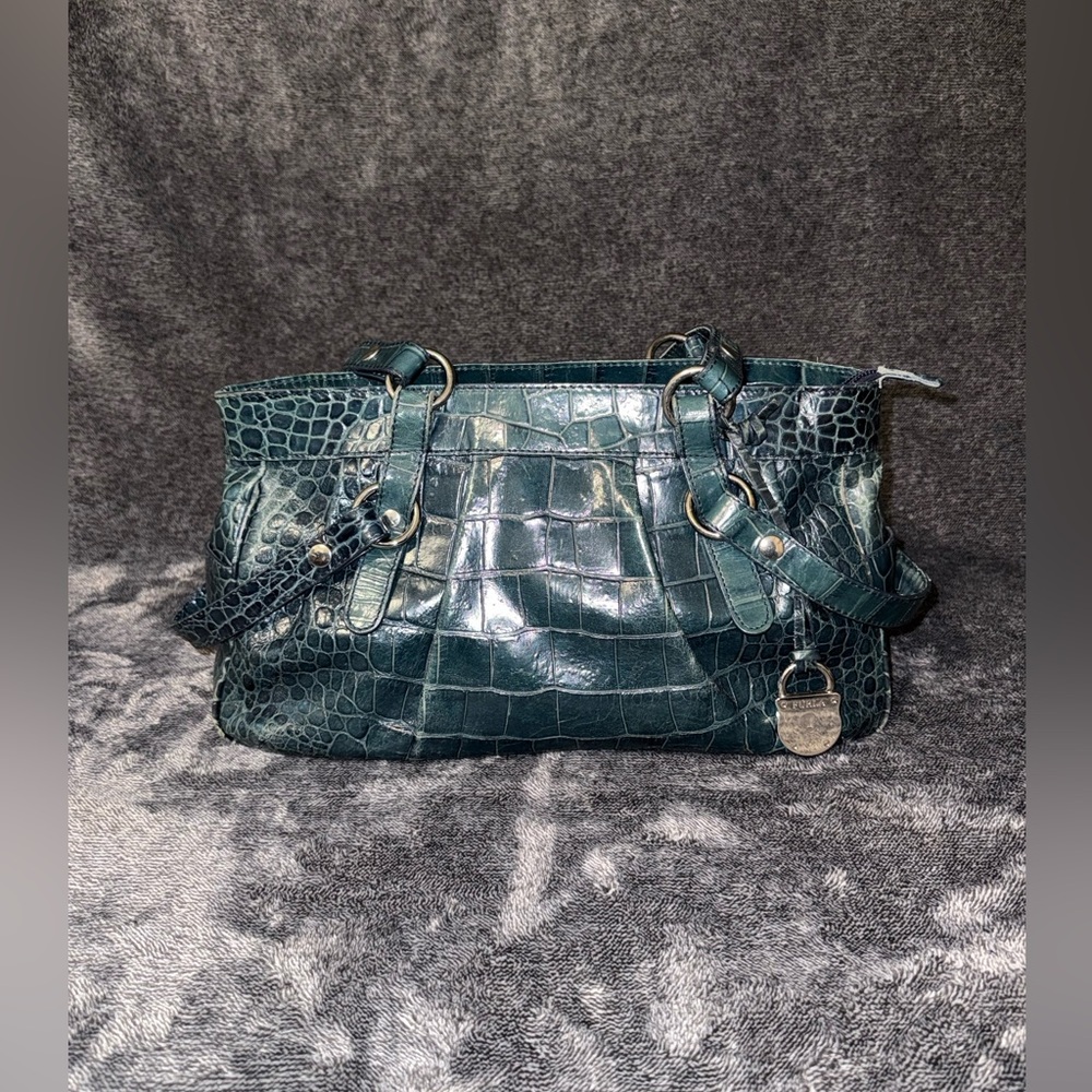 USED Furla Dark Green Croc-Embossed Shoulder Bag